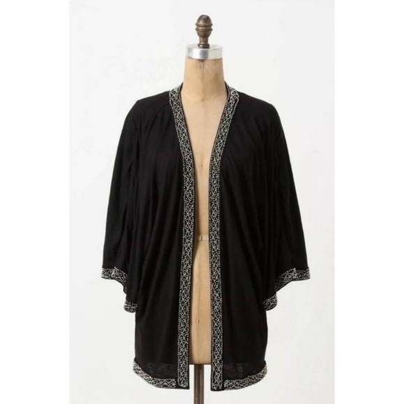 Anthropologie LEIFNOTES Twirled Trim Beaded Kimono Cardigan Sweater Black Small - Picture 1 of 12